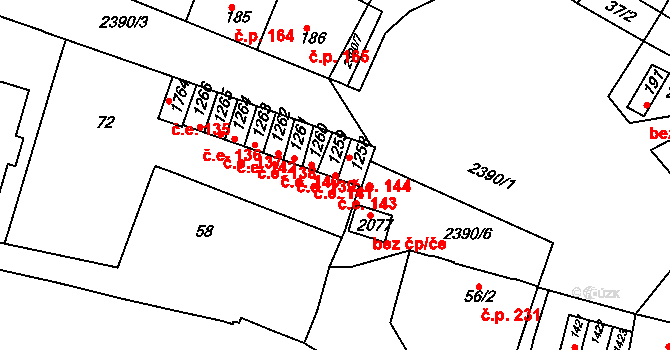 Rosice 143 na parcele st. 1259 v KÚ Rosice u Brna, Katastrální mapa