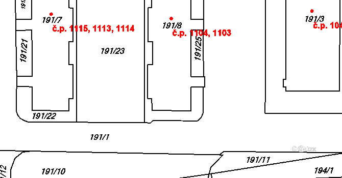 Oslavany 1103,1104 na parcele st. 191/8 v KÚ Oslavany, Katastrální mapa