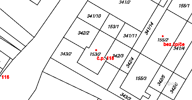Žešov 118, Prostějov na parcele st. 153/2 v KÚ Žešov, Katastrální mapa