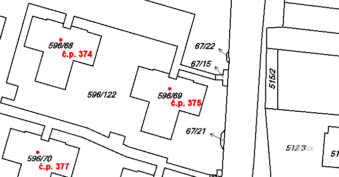 Hodonice 375 na parcele st. 596/69 v KÚ Hodonice, Katastrální mapa