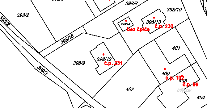 Klepačov 231, Blansko na parcele st. 398/12 v KÚ Klepačov, Katastrální mapa