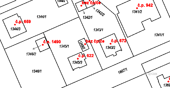 Plzeň 48141500 na parcele st. 1345/2 v KÚ Bručná, Katastrální mapa