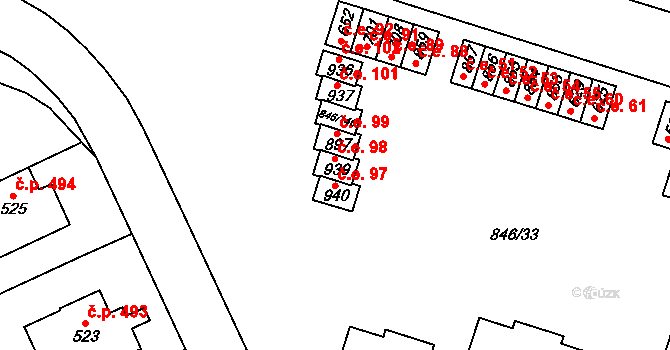 Lysice 50003500 na parcele st. 939 v KÚ Lysice, Katastrální mapa