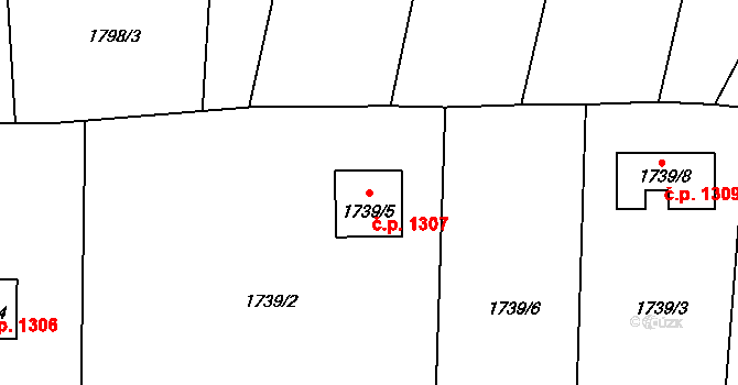 Zubří 1307 na parcele st. 1739/5 v KÚ Zubří, Katastrální mapa