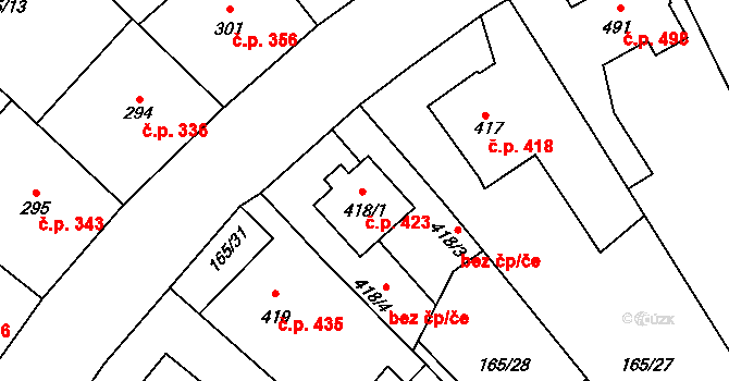 Rudná 423 na parcele st. 418/1 v KÚ Dušníky u Rudné, Katastrální mapa