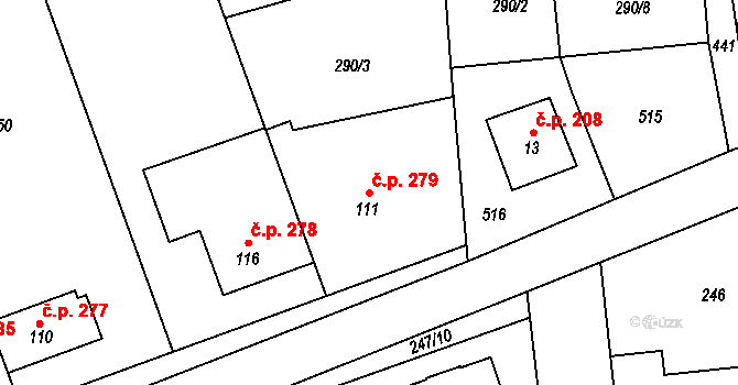 Tuchoměřice 279 na parcele st. 111 v KÚ Kněžívka, Katastrální mapa