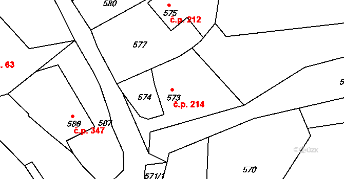 Olomučany 214 na parcele st. 573 v KÚ Olomučany, Katastrální mapa