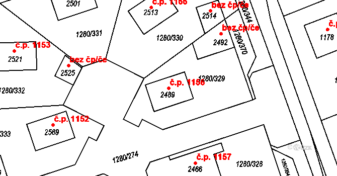 Dobřany 1156 na parcele st. 2489 v KÚ Dobřany, Katastrální mapa