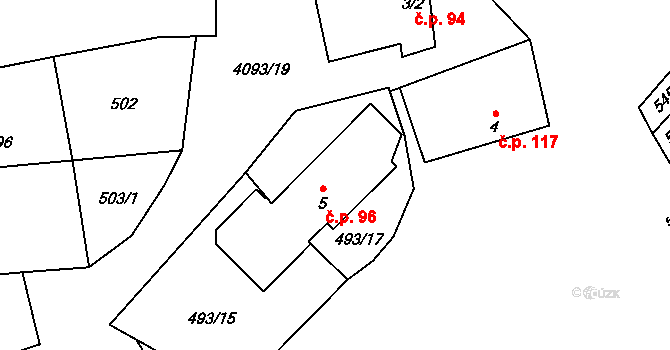 Trstěnice 96 na parcele st. 5 v KÚ Trstěnice u Moravského Krumlova, Katastrální mapa