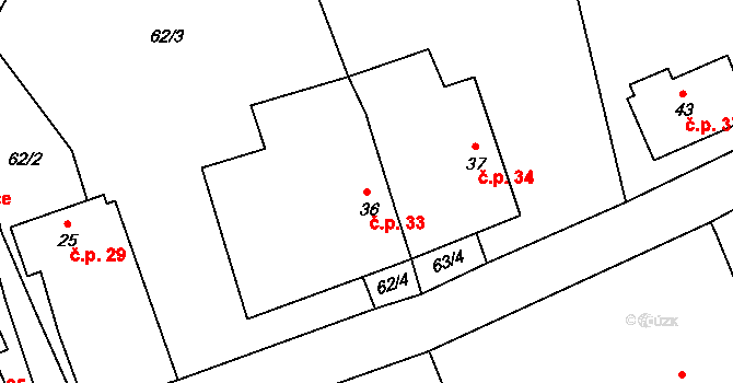 Něchov 33, Trhové Sviny na parcele st. 36 v KÚ Něchov, Katastrální mapa