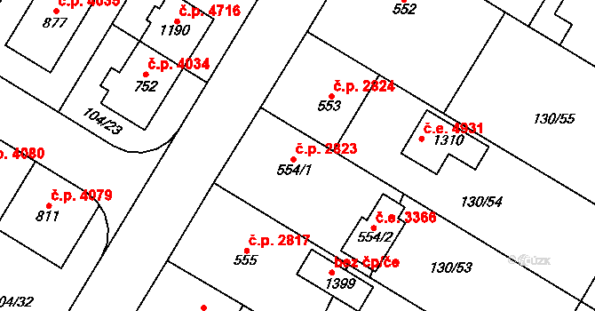 Jihlava 2823 na parcele st. 554/1 v KÚ Bedřichov u Jihlavy, Katastrální mapa