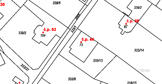 Řež 44, Husinec na parcele st. 75 v KÚ Husinec u Řeže, Katastrální mapa