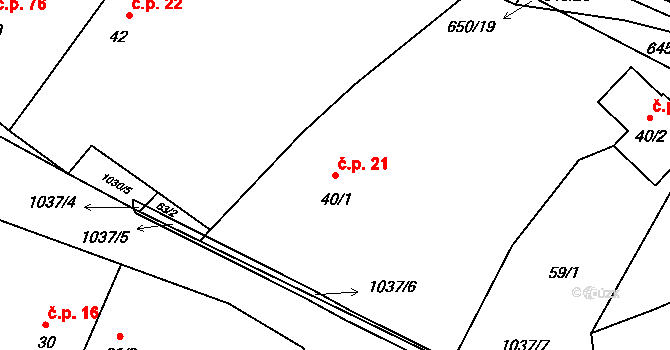 Puklice 21 na parcele st. 40/1 v KÚ Puklice, Katastrální mapa