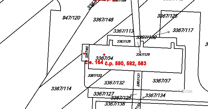 Dědice 550,582,583, Vyškov na parcele st. 3367/34 v KÚ Vyškov, Katastrální mapa