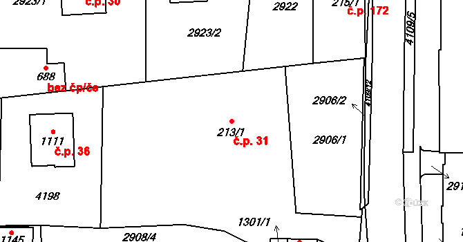 Kozlovice 31 na parcele st. 213/1 v KÚ Kozlovice, Katastrální mapa