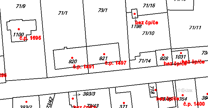 Švermov 1497, Kladno na parcele st. 921 v KÚ Hnidousy, Katastrální mapa