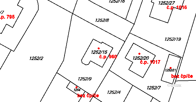 Kosmonosy 960 na parcele st. 1252/15 v KÚ Kosmonosy, Katastrální mapa