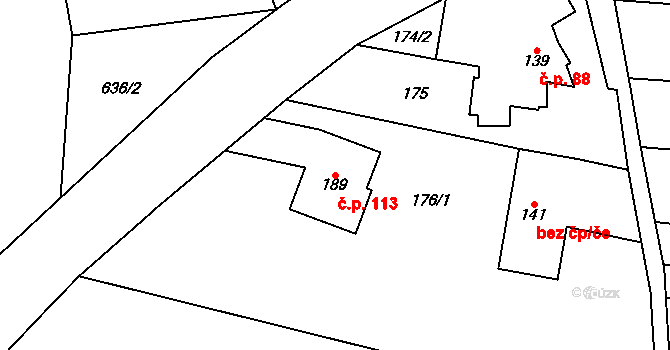 Moravská Huzová 113, Štěpánov na parcele st. 189 v KÚ Moravská Huzová, Katastrální mapa