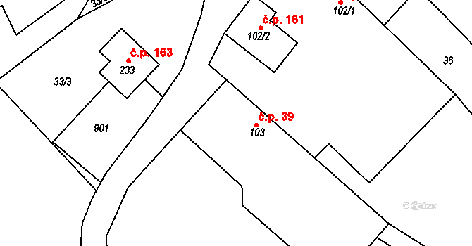 Střelice 39, Uničov na parcele st. 103 v KÚ Střelice u Litovle, Katastrální mapa