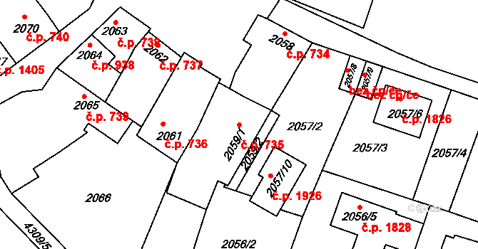 Roudnice nad Labem 735 na parcele st. 2059/1 v KÚ Roudnice nad Labem, Katastrální mapa