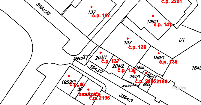 Rožnov pod Radhoštěm 137 na parcele st. 204/1 v KÚ Rožnov pod Radhoštěm, Katastrální mapa