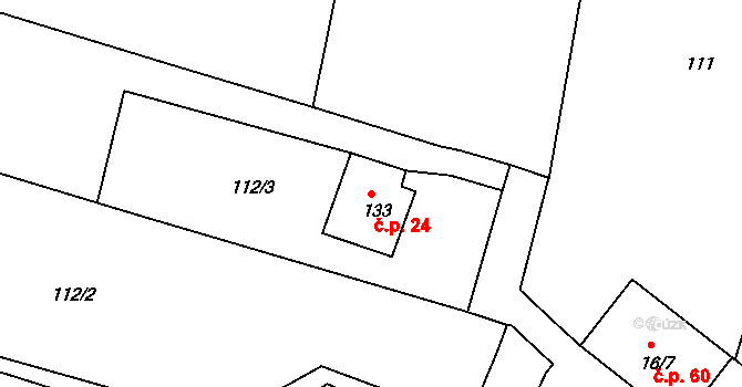 Drahenice 24 na parcele st. 133 v KÚ Drahenice, Katastrální mapa
