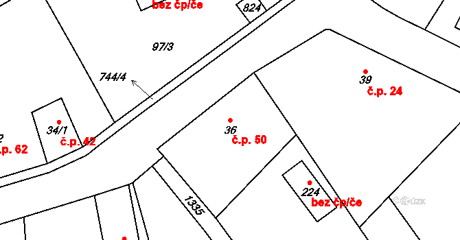Dřevěnice 50 na parcele st. 36 v KÚ Dřevěnice, Katastrální mapa