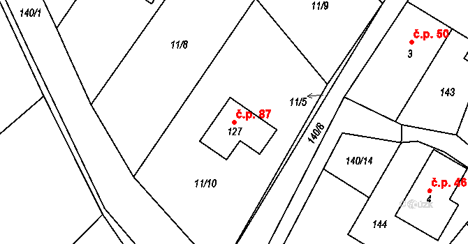 Brtev 87, Lázně Bělohrad na parcele st. 127 v KÚ Brtev, Katastrální mapa