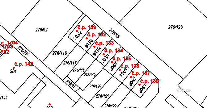Děčín XXVII-Březiny 134, Děčín na parcele st. 303/1 v KÚ Březiny u Děčína, Katastrální mapa