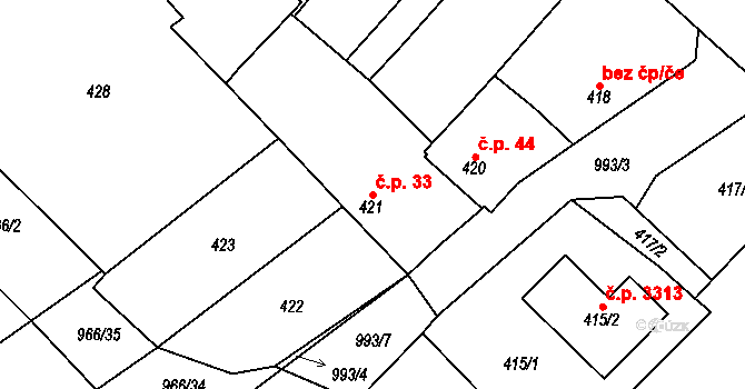 Milovice 33 na parcele st. 421 v KÚ Milovice nad Labem, Katastrální mapa
