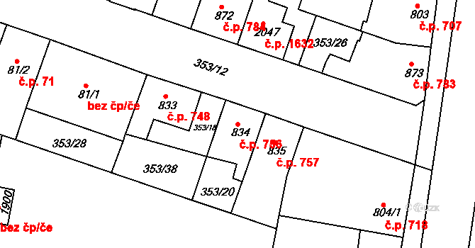Lysá nad Labem 756 na parcele st. 834 v KÚ Lysá nad Labem, Katastrální mapa