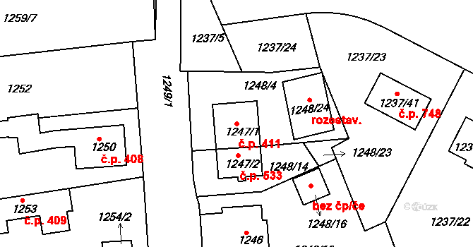 Proboštov 411 na parcele st. 1247/1 v KÚ Proboštov u Teplic, Katastrální mapa