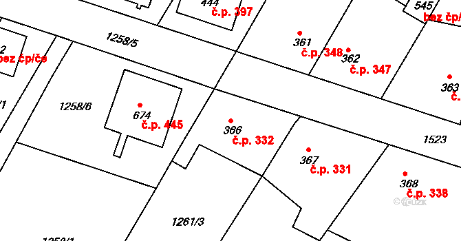Stařeč 332 na parcele st. 366 v KÚ Stařeč, Katastrální mapa