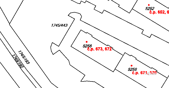 Nové Dvory 672,673, Třebíč na parcele st. 5256 v KÚ Třebíč, Katastrální mapa
