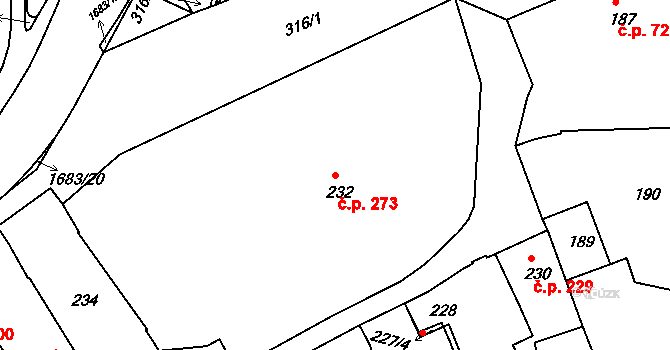Jarošov 273, Uherské Hradiště na parcele st. 232 v KÚ Jarošov u Uherského Hradiště, Katastrální mapa