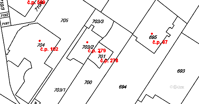 Pisárky 278, Brno na parcele st. 701 v KÚ Pisárky, Katastrální mapa