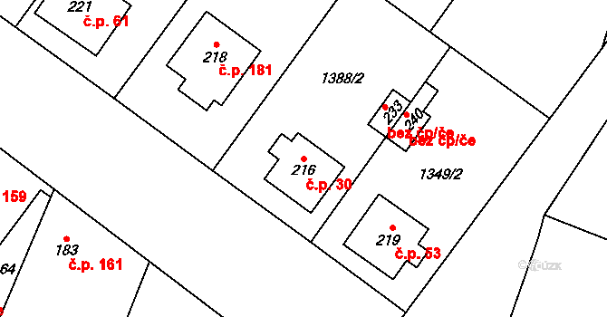 Panenský Týnec 30 na parcele st. 216 v KÚ Panenský Týnec, Katastrální mapa