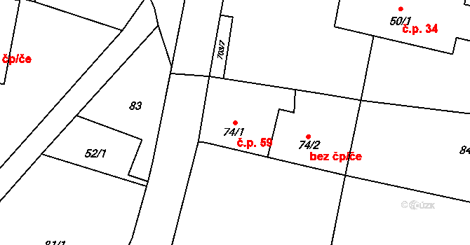 Třeskonice 59, Tuchořice na parcele st. 74/1 v KÚ Třeskonice, Katastrální mapa
