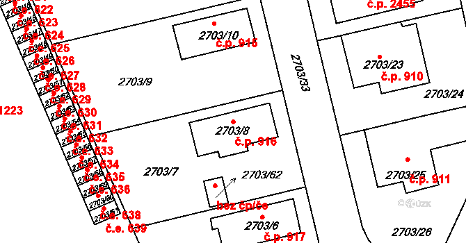 Pelhřimov 916 na parcele st. 2703/8 v KÚ Pelhřimov, Katastrální mapa