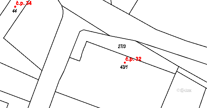 Olešnice 32 na parcele st. 43/1 v KÚ Olešnice nad Cidlinou, Katastrální mapa