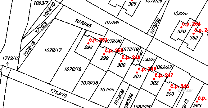 Čečelice 250 na parcele st. 299 v KÚ Čečelice, Katastrální mapa