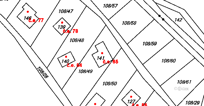 Hryzely 65, Barchovice na parcele st. 141 v KÚ Hryzely, Katastrální mapa
