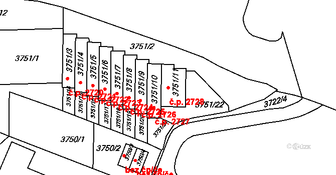 Smíchov 2728, Praha na parcele st. 3751/11 v KÚ Smíchov, Katastrální mapa