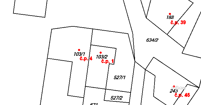 Tihava 1, Kotopeky na parcele st. 103/2 v KÚ Kotopeky, Katastrální mapa