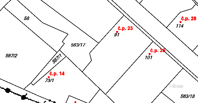 Rozehnaly 23, Radovesnice II na parcele st. 91 v KÚ Rozehnaly, Katastrální mapa