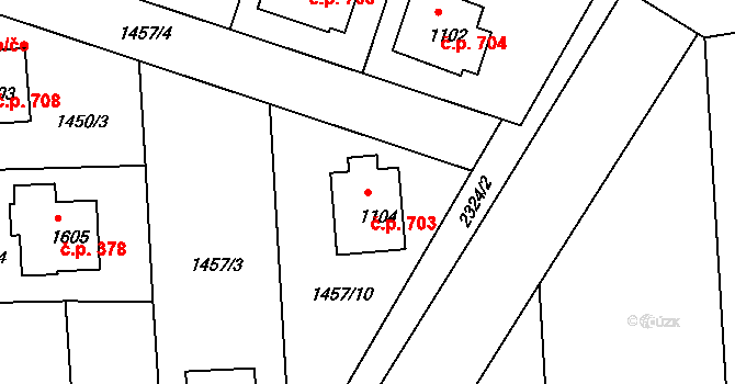 Rožmitál pod Třemšínem 703 na parcele st. 1104 v KÚ Rožmitál pod Třemšínem, Katastrální mapa