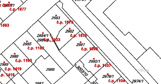 Chomutov 1098 na parcele st. 2981 v KÚ Chomutov I, Katastrální mapa