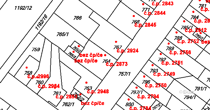 Chomutov 2873 na parcele st. 764 v KÚ Chomutov II, Katastrální mapa