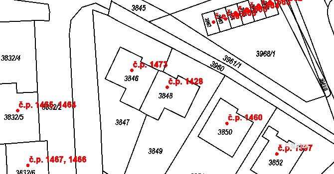 Jirkov 1428 na parcele st. 3848 v KÚ Jirkov, Katastrální mapa