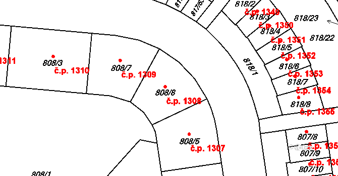 Kunratice 1308, Praha na parcele st. 808/8 v KÚ Kunratice, Katastrální mapa